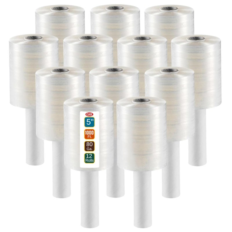 Simply Cool 12 Pack Industrial Strength Mini Hand Stretch Wrap 5" 1000 Ft Roll 80 Gauge Thick, Shrink Wrap Roll for Moving Supplies, Furniture, Pallets, Plastic Wrap for Packing, Heavy Duty Stretch Film - Image 1